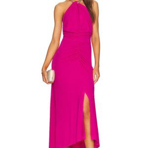 Veronica Beard Reze Dress Hot Pink Ruched Gold Chain Halter Maxi Dress NWT 598 X